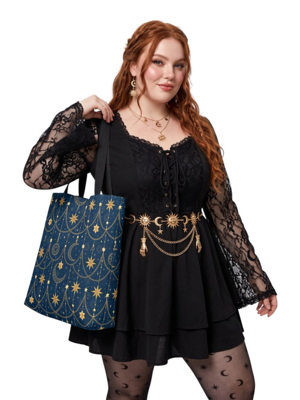 Whimsigoth Celestial Tote Bag | Navy Blue Sun and Moon Astrology Tote